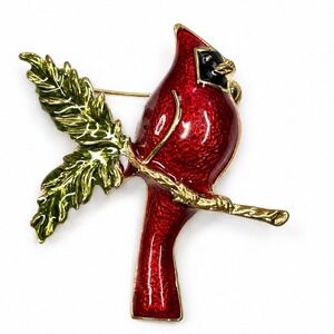 Red Cardinal Bird Brooch Enamel Gold Tone Green Leaf Christmas Holiday Pin